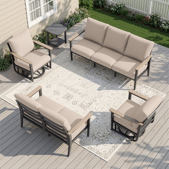 Muphyers 5 Pieces Aluminum Patio Furniture Set, 360° Swivel Rocker Chairs, 3.3" Wide Armrests Patio Conversation Sets, 5.1" Washable Cushions Outdoor Couch for Backyard, Deck, Poolside,Khaki