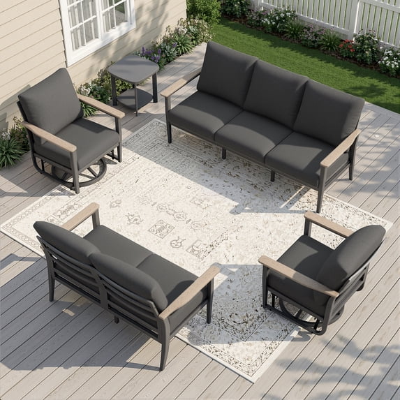 Muphyers 5 Pieces Aluminum Patio Furniture Set, 360° Swivel Rocker Chairs, 3.3" Wide Armrests Patio Conversation Sets, 5.1" Washable Cushions Outdoor Couch for Backyard, Deck, Poolside,Black