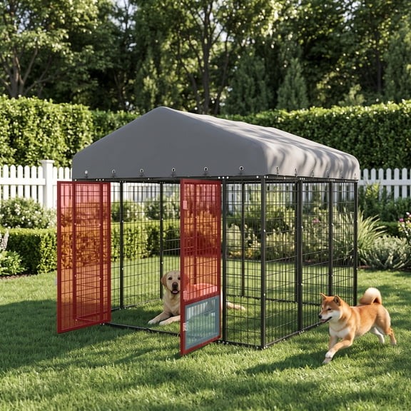 Muphyers 6*6FT Double Door Outdoor Dog Kennel with Roof, Heavy Duty Dog Cage with 360° Swivel Feeder, Outside Dog Playpen, Rustproof Pet Enclosure with Secure Dual Locks, Dog Run for Yard