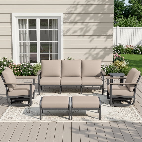 Muphyers 6 Piece Aluminum Patio Furniture Set, All Weather Patio Conversation Sets, Swivel Rocking Chairs and Ottomans, 5.1" Cushions Outdoor Couch for Porch, Garden, Backyard, Deck,Khaki