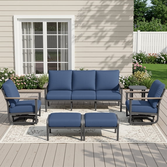 Muphyers 6 Piece Aluminum Patio Furniture Set, All Weather Patio Conversation Sets, Swivel Rocking Chairs and Ottomans, 5.1" Cushions Outdoor Couch for Porch, Garden, Backyard, Deck,Navy Blue