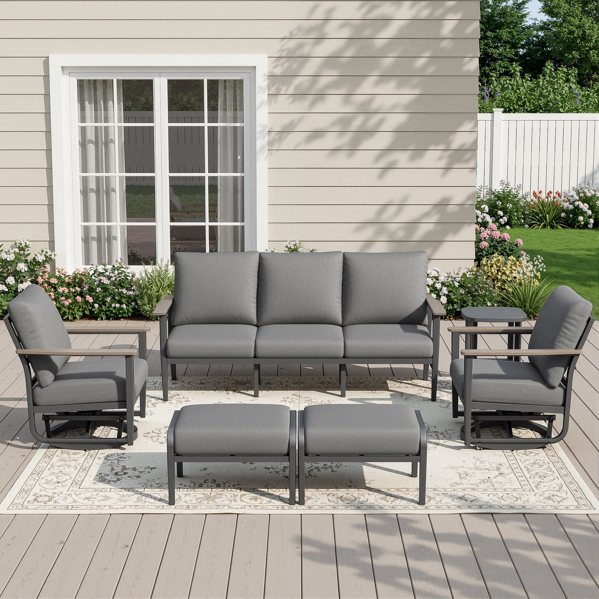 Muphyers 6 Piece Aluminum Patio Furniture Set, All Weather Patio Conversation Sets, Swivel Rocking Chairs and Ottomans, 5.1" Cushions Outdoor Couch for Porch, Garden, Backyard, Deck,Gray