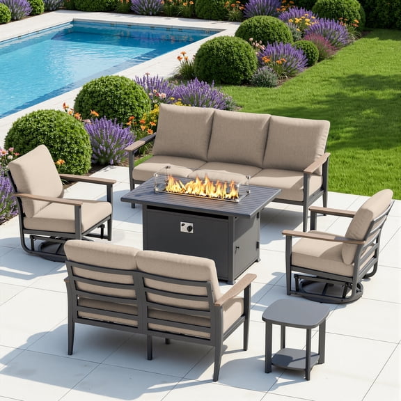 Muphyers 6 Piece Patio Furniture Set, 55000 BTU CSA Fire Pit Table, Aluminum Patio Sofa Set with 360° Swivel Rocking Chairs, 5.1" Cushions, All Weather for Backyard, Garden, Porch,Khaki