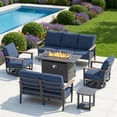 thumbnail image 1 of Muphyers 6 Piece Patio Furniture Set, 55000 BTU CSA Fire Pit Table, Aluminum Patio Sofa Set with 360° Swivel Rocking Chairs, 5.1" Cushions, All Weather for Backyard, Garden, Porch,Navy Blue, 1 of 11