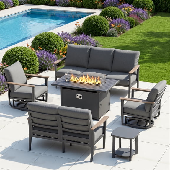Muphyers 6 Piece Patio Furniture Set, 55000 BTU CSA Fire Pit Table, Aluminum Patio Sofa Set with 360° Swivel Rocking Chairs, 5.1" Cushions, All Weather for Backyard, Garden, Porch,Gray