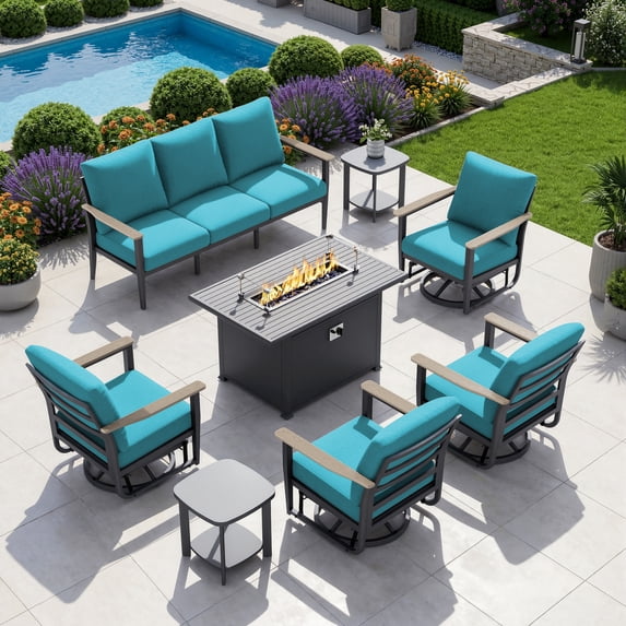 Muphyers 6 Piece Patio Furniture Set, 55000 BTU CSA Fire Pit Table, Aluminum Patio Sofa Set with 360° Swivel Rocking Chairs, 5.1" Cushions, All Weather for Backyard, Garden, Porch,Turquoise