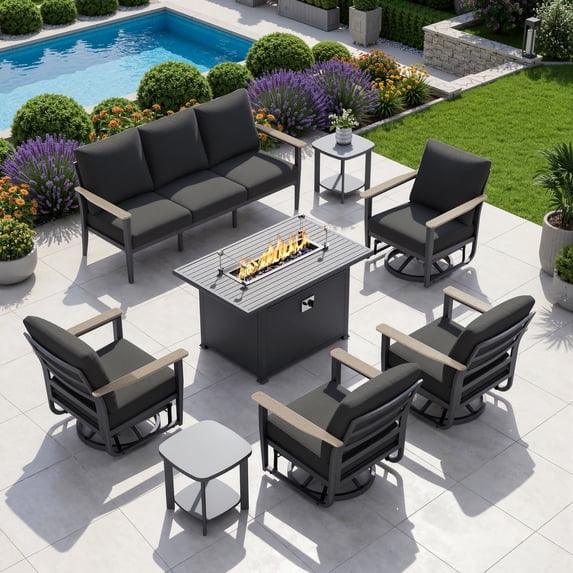 Muphyers 6 Piece Patio Furniture Set, 55000 BTU CSA Fire Pit Table, Aluminum Patio Sofa Set with 360° Swivel Rocking Chairs, 5.1" Cushions, All Weather for Backyard, Garden, Porch,Black