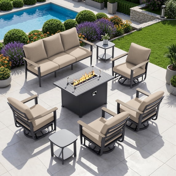 Muphyers 6 Piece Patio Furniture Set, 55000 BTU CSA Fire Pit Table, Aluminum Patio Sofa Set with 360° Swivel Rocking Chairs, 5.1" Cushions, All Weather for Backyard, Garden, Porch,Khaki