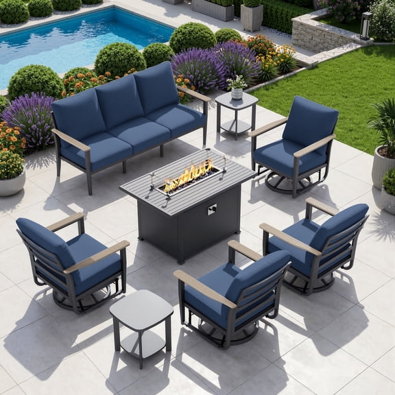 Muphyers 6 Piece Patio Furniture Set, 55000 BTU CSA Fire Pit Table, Aluminum Patio Sofa Set with 360° Swivel Rocking Chairs, 5.1" Cushions, All Weather for Backyard, Garden, Porch,Navy Blue