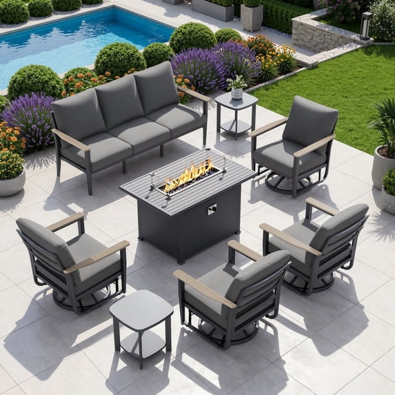 Muphyers 6 Piece Patio Furniture Set, 55000 BTU CSA Fire Pit Table, Aluminum Patio Sofa Set with 360° Swivel Rocking Chairs, 5.1" Cushions, All Weather for Backyard, Garden, Porch,Gray
