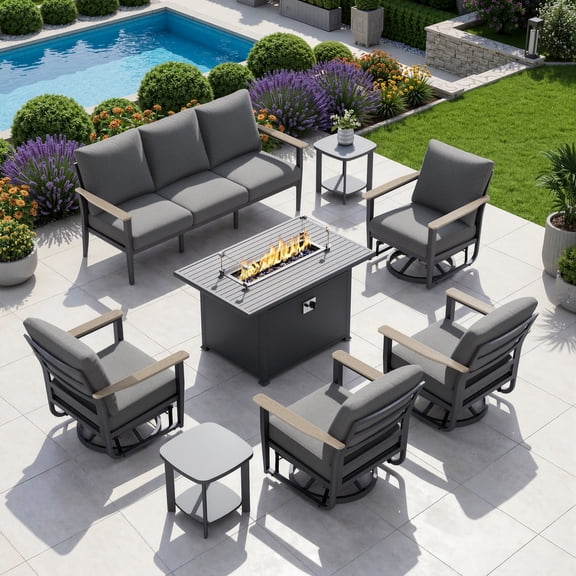 Muphyers 6 Piece Patio Furniture Set, 55000 BTU CSA Fire Pit Table, Aluminum Patio Sofa Set with 360° Swivel Rocking Chairs, 5.1" Cushions, All Weather for Backyard, Garden, Porch,Gray