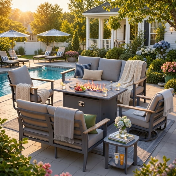 Muphyers 6 Piece Patio Furniture Set, 55000 BTU CSA Fire Pit Table, Aluminum Patio Sofa Set with 360° Swivel Rocking Chairs, 5.1" Cushions, All Weather for Backyard, Garden, Porch,Gray