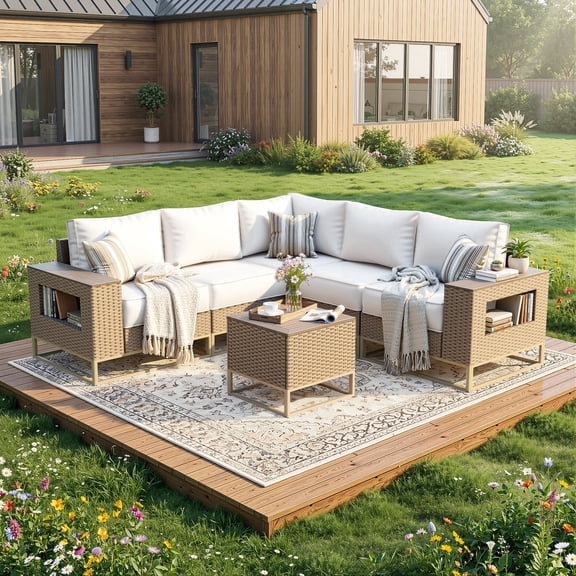 Muphyers 6 Piece Patio Furniture Set, All-Weather Wicker Sectional Sofa with Wood Coffee Table, Ergonomic Outdoor Conversation Set with 5.5" Cushions, Wide Armrests for Garden, Yard, Deck,Cream