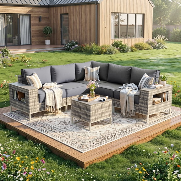 Muphyers 6 Piece Patio Furniture Set, All-Weather Wicker Sectional Sofa with Wood Coffee Table, Ergonomic Outdoor Conversation Set with 5.5" Cushions, Wide Armrests for Garden, Yard, Deck,Gray