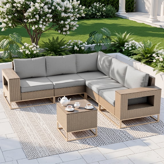 Muphyers 6 Piece Patio Furniture Set, All-Weather Wicker Sectional Sofa with Wood Coffee Table, Ergonomic Outdoor Conversation Set with 5.5" Cushions, Wide Armrests for Garden, Yard, Deck,Brown