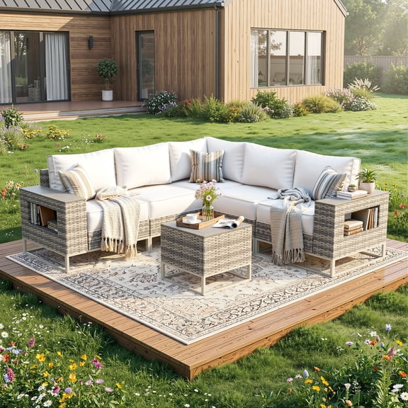 Muphyers 6 Piece Patio Furniture Set, All-Weather Wicker Sectional Sofa with Wood Coffee Table, Ergonomic Outdoor Conversation Set with 5.5" Cushions, Wide Armrests for Garden, Yard, Deck,Snow