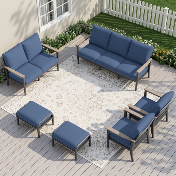Muphyers 6 Piece Patio Furniture Set with Ottomans, 5.1" Thick Cushions Patio Conversation Sets, Ergonomic Design Outdoor Sectional Furniture Set for Balcony, Porch, Backyard,Navy Blue