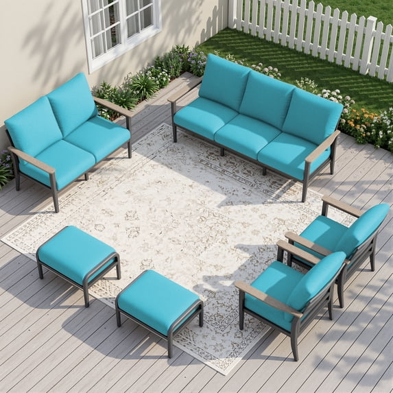 Muphyers 6 Piece Patio Furniture Set with Ottomans, 5.1" Thick Cushions Patio Conversation Sets, Ergonomic Design Outdoor Sectional Furniture Set for Balcony, Porch, Backyard,Turquoise