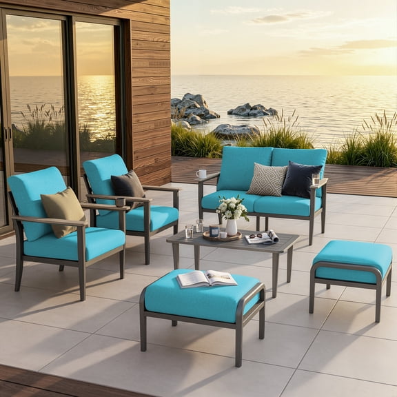Muphyers 6-Piece Rust-Proof Aluminum Patio Furniture Set for 6 Seats, Oversized Outdoor Sectional Sofa with Coffee Table and Ottoman, Ergonomic Metal Conversation Set for Porch, Deck, Yard,Turquoise