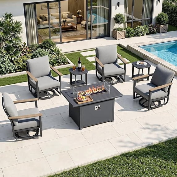 Muphyers 7 Pcs Aluminum Swivel Rocking Chair Set, Patio Furniture Set with 55000 BTU 2-in-1 Fire Pit Table, Wide Seat 5.1" Thick Cushion Outdoor Conversation Set for Deck Porch Poolside,Gray