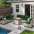 thumbnail image 1 of Muphyers 7 Pcs Outdoor Wicker Rattan Sectional Sofa with 55000BTU Gas Fire Pit Table Set, All Weather 2‑in‑1 43" Propane Fire Table Conversation Set for Backyard Garden Poolside Deck,Dark Green, 1 of 8