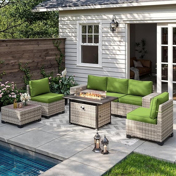 Muphyers 7 Pcs Outdoor Wicker Rattan Sectional Sofa with 55000BTU Gas Fire Pit Table Set, All Weather 2‑in‑1 43" Propane Fire Table Conversation Set for Backyard Garden Poolside Deck,Grass Green