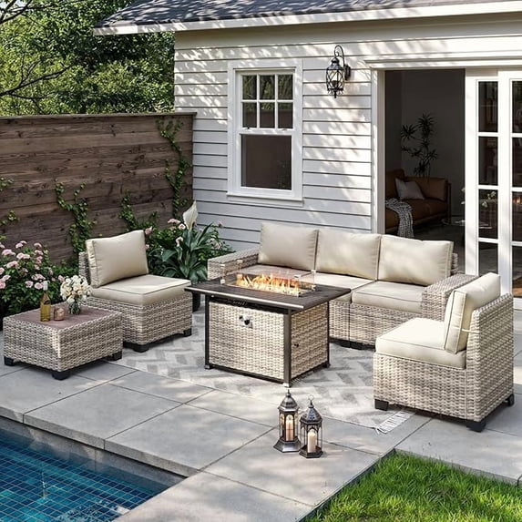Muphyers 7 Pcs Outdoor Wicker Rattan Sectional Sofa with 55000BTU Gas Fire Pit Table Set, All Weather 2‑in‑1 43" Propane Fire Table Conversation Set for Backyard Garden Poolside Deck,Off-White
