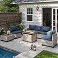 thumbnail image 1 of Muphyers 7 Pcs Outdoor Wicker Rattan Sectional Sofa with 55000BTU Gas Fire Pit Table Set, All Weather 2‑in‑1 43" Propane Fire Table Conversation Set for Backyard Garden Poolside Deck,Navy Blue, 1 of 9