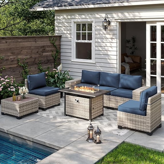 Muphyers 7 Pcs Outdoor Wicker Rattan Sectional Sofa with 55000BTU Gas Fire Pit Table Set, All Weather 2‑in‑1 43" Propane Fire Table Conversation Set for Backyard Garden Poolside Deck,Navy Blue