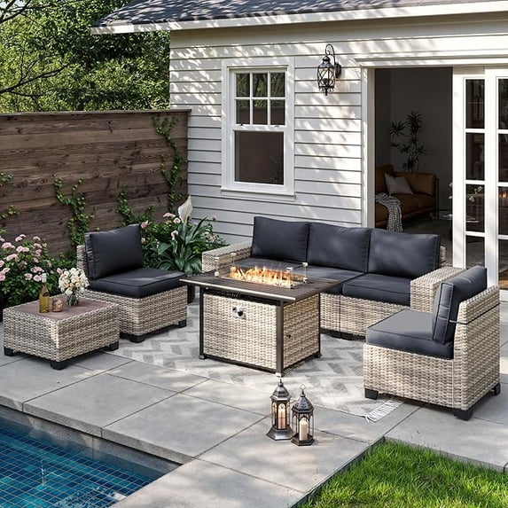 Muphyers 7 Pcs Outdoor Wicker Rattan Sectional Sofa with 55000BTU Gas Fire Pit Table Set, All Weather 2‑in‑1 43" Propane Fire Table Conversation Set for Backyard Garden Poolside Deck,Dark Gray