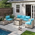 thumbnail image 1 of Muphyers 7 Pcs Outdoor Wicker Rattan Sectional Sofa with 55000BTU Gas Fire Pit Table Set, All Weather 2‑in‑1 43" Propane Fire Table Conversation Set for Backyard Garden Poolside Deck,Turquoise, 1 of 9
