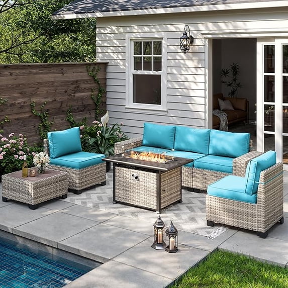 Muphyers 7 Pcs Outdoor Wicker Rattan Sectional Sofa with 55000BTU Gas Fire Pit Table Set, All Weather 2‑in‑1 43" Propane Fire Table Conversation Set for Backyard Garden Poolside Deck,Turquoise