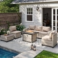 thumbnail image 1 of Muphyers 7 Pcs Rattan Outdoor Patio Furniture Set with 43" 55000BTU Propane Fire Pit Table, All Weather Sectional Sofa with Wood Table, 4" Cushions, Conversation Set for Patio Backyard Garden,Beige, 1 of 8