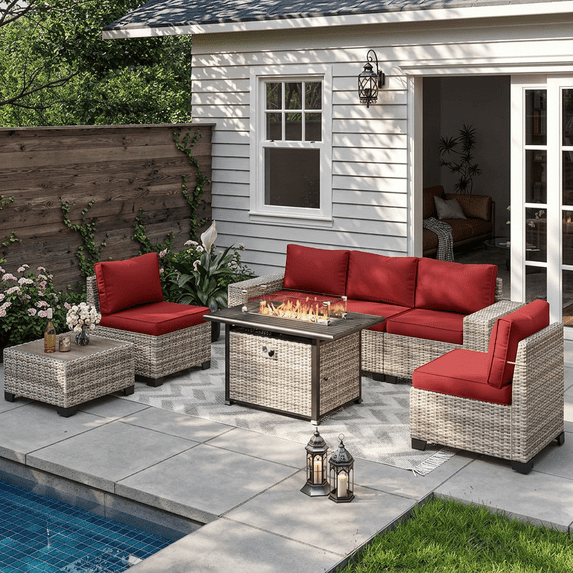 Muphyers 7 Pcs Rattan Outdoor Patio Furniture Set with 43" 55000BTU Propane Fire Pit Table, All Weather Sectional Sofa with Wood Table, 4" Cushions, Conversation Set for Patio Backyard Garden,Red