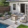 thumbnail image 1 of Muphyers 7 Pcs Rattan Outdoor Patio Furniture Set with 43" 55000BTU Propane Fire Pit Table, All Weather Sectional Sofa with Wood Table, 4" Cushions, Conversation Set for Patio Backyard Garden,Gray, 1 of 9