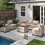 Muphyers 7 Pcs Rattan Outdoor Patio Furniture Set with 43" 55000BTU Propane Fire Pit Table, All Weather Sectional Sofa with Wood Table, 4" Cushions, Conversation Set for Patio Backyard Garden,Beige