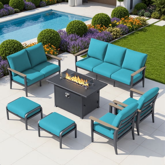 Muphyers 7 Piece Aluminum Outdoor Patio Furniture Set, 55000 BTU Propane Fire Pit Table, Sectional Sofa, 5.1“ Thick Cushions, Ottomans for Backyard, Deck, Garden,Turquoise