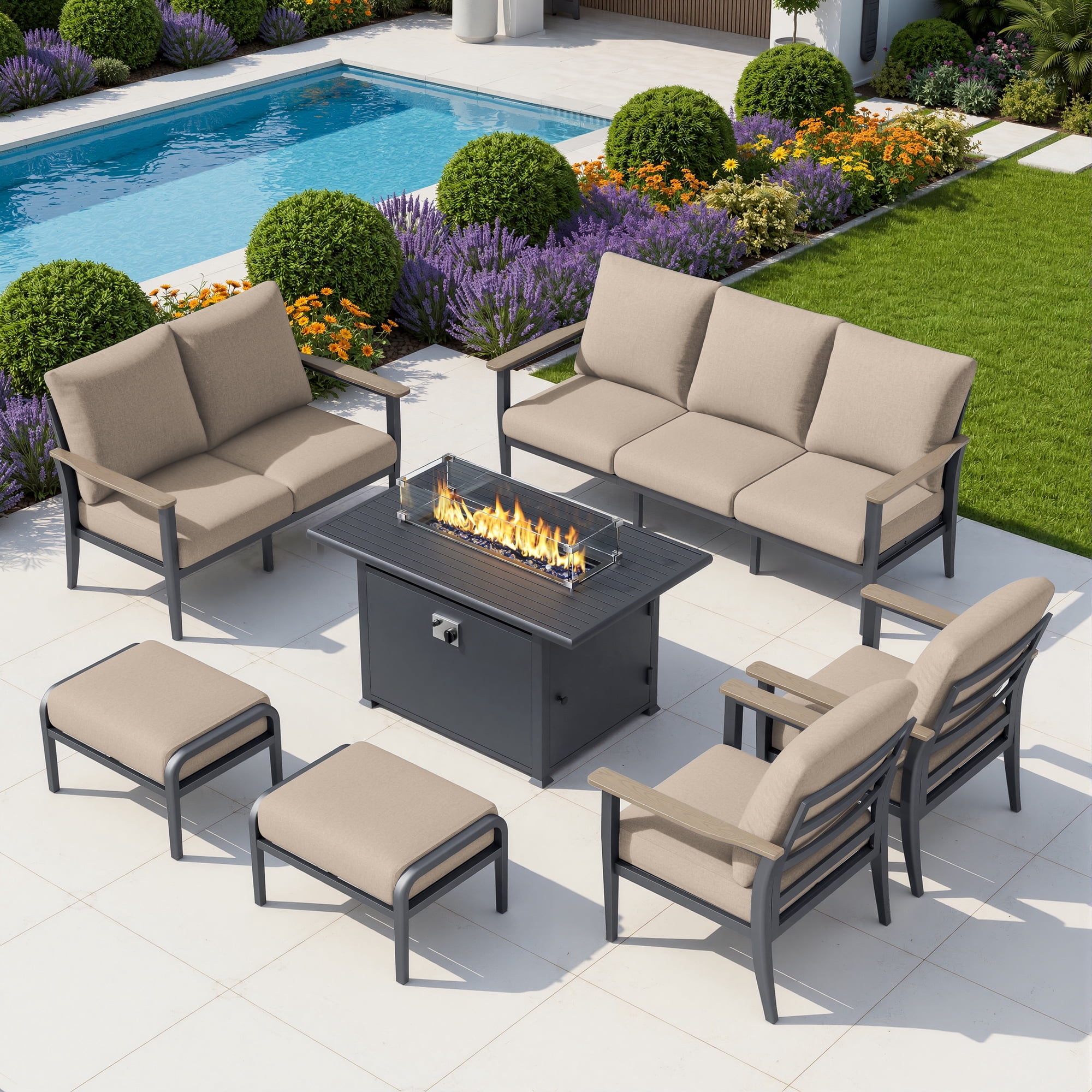 Muphyers 7 Piece Aluminum Outdoor Patio Furniture Set, 55000 BTU Propane Fire Pit Table, Sectional Sofa, 5.1“ Thick Cushions, Ottomans for Backyard, Deck, Garden,Khaki