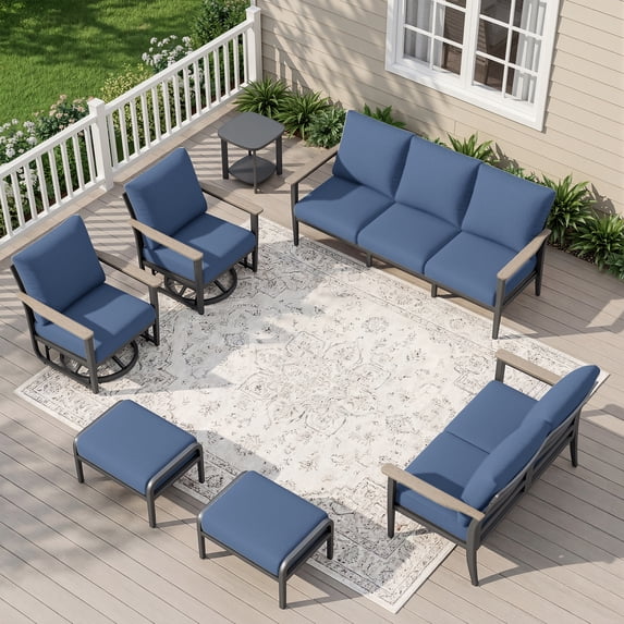 Muphyers 7 Piece Aluminum Patio Furniture Set, All Weather Patio Conversation Sets, Swivel Rocking Chairs and Ottomans, 5.1" Cushions Outdoor Couch for Porch, Garden, Backyard, Deck,Navy Blue