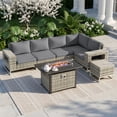 thumbnail image 1 of Muphyers 7 Piece Outdoor Patio Furniture Set, 43" 55000 BTU Fire Pit Table, All-Weather Rattan Wicker Sectional Sofa with Thick Cushions, Wood Table, Conversation Set for Yard, Garden, Deck,Gray, 1 of 15