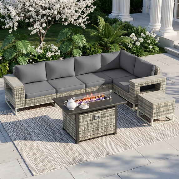 Muphyers 7 Piece Outdoor Patio Furniture Set, 43" 55000 BTU Fire Pit Table, All-Weather Rattan Wicker Sectional Sofa with Thick Cushions, Wood Table, Conversation Set for Yard, Garden, Deck,Gray