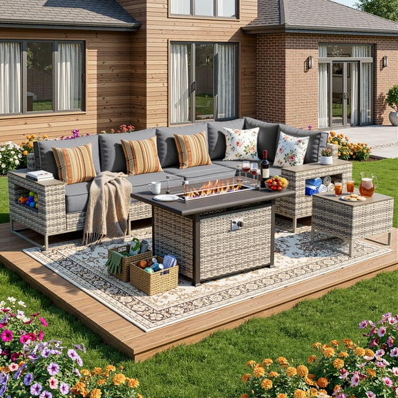 Muphyers 7 Piece Outdoor Patio Furniture Set, 43" 55000 BTU Fire Pit Table, All-Weather Rattan Wicker Sectional Sofa with Thick Cushions, Wood Table, Conversation Set for Yard, Garden, Deck,Gray
