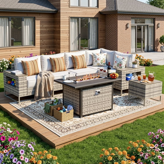 Muphyers 7 Piece Outdoor Patio Furniture Set, 43" 55000 BTU Fire Pit Table, All-Weather Rattan Wicker Sectional Sofa with Thick Cushions, Wood Table, Conversation Set for Yard, Garden, Deck,Snow