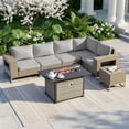 thumbnail image 1 of Muphyers 7 Piece Outdoor Patio Furniture Set, 43" 55000 BTU Fire Pit Table, All-Weather Rattan Wicker Sectional Sofa with Thick Cushions, Wood Table, Conversation Set for Yard, Garden, Deck,Brown, 1 of 15