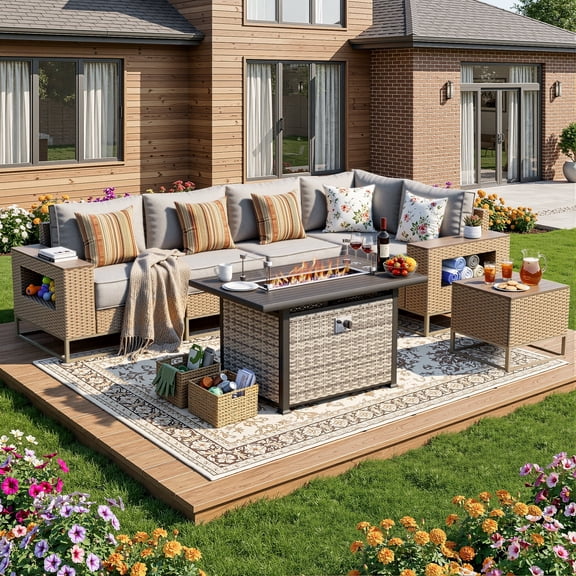 Muphyers 7 Piece Outdoor Patio Furniture Set, 43" 55000 BTU Fire Pit Table, All-Weather Rattan Wicker Sectional Sofa with Thick Cushions, Wood Table, Conversation Set for Yard, Garden, Deck,Brown