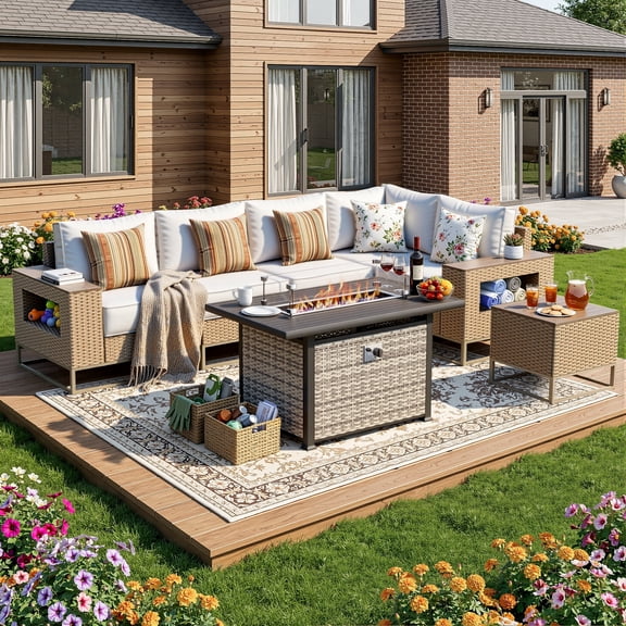 Muphyers 7 Piece Outdoor Patio Furniture Set, 43" 55000 BTU Fire Pit Table, All-Weather Rattan Wicker Sectional Sofa with Thick Cushions, Wood Table, Conversation Set for Yard, Garden, Deck,Cream