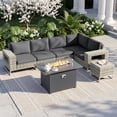 thumbnail image 1 of Muphyers 7 Piece Patio Furniture Set, 43" 55000 BTU Aluminum Fire Pit Table, All-Weather Rattan Wicker Sectional Sofa with Thick Cushions, Wooden Table, Conversation Set for Yard Garden Deck,Gray, 1 of 14