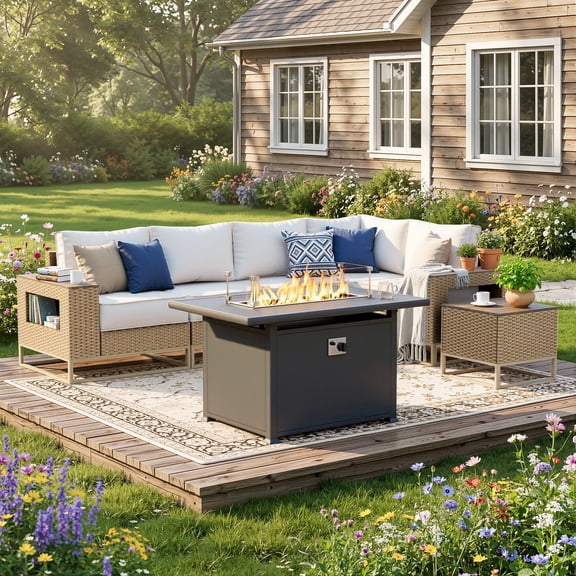 Muphyers 7 Piece Patio Furniture Set, 43" 55000 BTU Aluminum Fire Pit Table, All-Weather Rattan Wicker Sectional Sofa with Thick Cushions, Wooden Table, Conversation Set for Yard Garden Deck,Cream