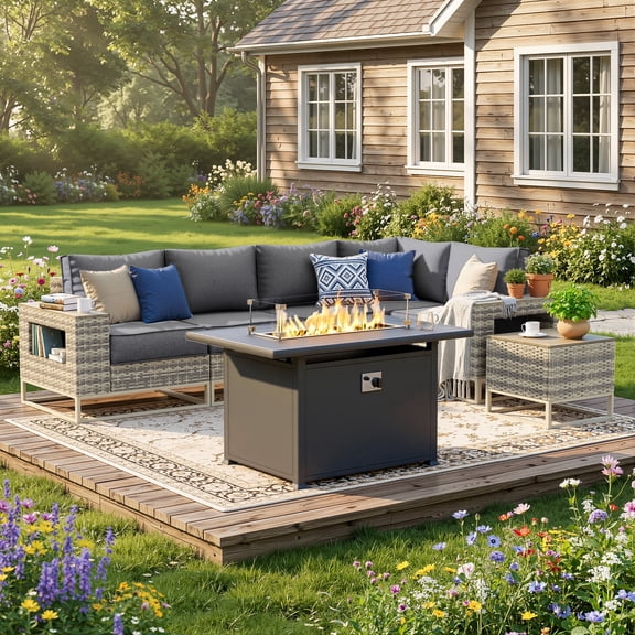 Muphyers 7 Piece Patio Furniture Set, 43" 55000 BTU Aluminum Fire Pit Table, All-Weather Rattan Wicker Sectional Sofa with Thick Cushions, Wooden Table, Conversation Set for Yard Garden Deck,Gray