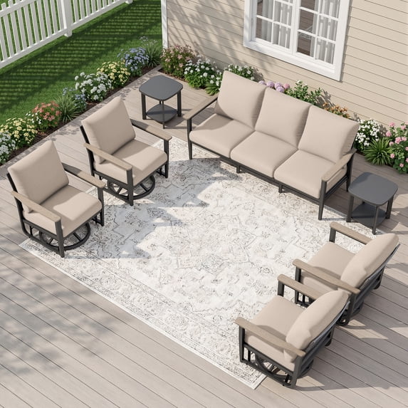 Muphyers 7 Pieces Aluminum Patio Furniture Set, 360° Swivel Rocker Chairs, 3.3" Wide Armrests Patio Conversation Sets, 5.1" Washable Cushions Outdoor Couch for Backyard, Deck, Poolside,Khaki